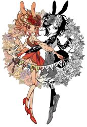 Rule 34 | 2girls, animal ears, bird, brown ribbon, closed mouth, color contrast, contrast, dove, expressionless, floral background, flower, flower wreath, full body, hand up, hat, hat flower, high heels, highres, holding, long sleeves, looking at viewer, meremero, multiple girls, open mouth, original, partially colored, polar opposites, puffy long sleeves, puffy sleeves, rabbit ears, red eyes, red flower, red footwear, red rose, red skirt, ribbon, rose, shirt, shoes, short hair, skirt, smile, standing, string of flags, symmetrical pose, top hat, white background, white shirt