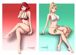 Rule 34 | 2girls, absurdres, bikini, blonde hair, breasts, cleavage, core crystal (xenoblade), crossed legs, highres, large breasts, leg ring, long hair, mature female, multiple girls, mythra (xenoblade), nintendo, pin up, pyra (xenoblade), red eyes, red hair, short hair, sonicheroxd, swimsuit, xenoblade chronicles (series), xenoblade chronicles 2, yellow eyes