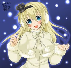 Rule 34 | 1girl, alternate costume, blonde hair, blue background, blue eyes, braid, capelet, commentary request, crown, dated, dress, earmuffs, french braid, highres, kantai collection, long hair, mashiro yukiya, mini crown, off-shoulder dress, off shoulder, one-hour drawing challenge, open mouth, signature, smile, snow, solo, upper body, warspite (kancolle), white capelet, white dress