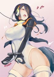 Rule 34 | 10s, 1girl, bdsm, black eyes, black hair, bondage, bound, bound wrists, breasts, collar, cowboy shot, emperor penguin (kemono friends), from below, hair over one eye, headphones, heart, heart-shaped pupils, highres, hood, hoodie, kemono friends, large breasts, leash, leotard, long hair, looking at viewer, masochism, multicolored hair, open mouth, orange hair, sakuhiko, solo, stocks, symbol-shaped pupils, thighhighs, white leotard, white thighhighs