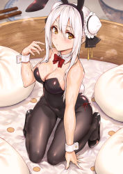Rule 34 | 1girl, animal ears, bare shoulders, black footwear, black pantyhose, bow, bowtie, breasts, cleavage, covered navel, detached collar, double bun, fake animal ears, food, hair between eyes, hair bun, haoni, highres, kneeling, large breasts, leotard, looking at viewer, mini person, minigirl, pantyhose, playboy bunny, rabbit ears, red bow, red bowtie, shoes, short hair, sidelocks, solo, wet, white hair, yellow eyes, you can eat the girl