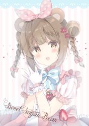 Rule 34 | 1girl, :d, animal ears, bear ears, blush, border, bow, braid, brown eyes, brown hair, commentary request, diagonal stripes, dress, fang, flower, food, frilled dress, frills, fruit, gloves, hair bow, hair flower, hair ornament, head tilt, heart, highres, lace, lace border, looking at viewer, open mouth, original, ornate border, own hands together, pink bow, pink dress, polka dot, polka dot bow, puffy short sleeves, puffy sleeves, red flower, saeki sora, short sleeves, sidelocks, smile, solo, strawberry, striped, striped background, twin braids, vertical stripes, white gloves