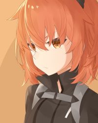 Rule 34 | 1girl, black jacket, commentary request, face, fate/grand order, fate (series), frown, fujimaru ritsuka (female), fujimaru ritsuka (female) (polar chaldea uniform), hair between eyes, hair ornament, highres, jacket, orange background, orange eyes, orange hair, short hair, simple background, solo, younomiti