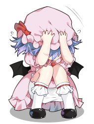 Rule 34 | 1girl, ascot, bad id, bad pixiv id, bat wings, black footwear, bloomers, blue hair, blush, bobby socks, bow, charisma guard, commentary, cowering, diokira, dress, flying sweatdrops, hands on headwear, hands up, hat, hat bow, highres, mob cap, pink dress, pink hat, puffy short sleeves, puffy sleeves, red ascot, red bow, remilia scarlet, revision, shoes, short hair, short sleeves, simple background, socks, solo, squatting, touhou, transparent background, underwear, white background, white bloomers, white socks, wings