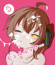 Rule 34 | 1girl, ahoge, anger vein, annoyed, artist request, black ribbon, blush, brown hair, closed mouth, collarbone, cum, cum on hair, cum string, facial, female focus, hair between eyes, hair ornament, hair ribbon, highres, hololive, natsuiro matsuri, nude, one eye closed, out of frame, portrait, ribbon, side ponytail, sirakamisumire, solo, virtual youtuber, yellow eyes