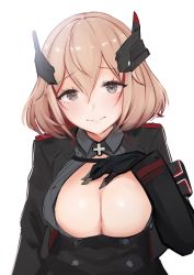Rule 34 | 1girl, armband, azur lane, blonde hair, breasts, buttons, cleavage, double-breasted, grey eyes, hair between eyes, hand on own chest, headgear, highres, large breasts, long sleeves, looking at viewer, mappaninatta, mechanical hands, military, military uniform, multicolored hair, roon (azur lane), short hair, sidelocks, simple background, single mechanical hand, smile, solo, streaked hair, uniform, white background