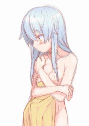 Rule 34 | 10s, 1girl, angel beats!, covering privates, flat chest, highres, long hair, naked towel, nigo (aozoragarou), nude, nude cover, profile, silver hair, simple background, sketch, solo, tenshi (angel beats!), towel, white background, yellow eyes