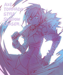Rule 34 | 1girl, arutopian, blue theme, closed mouth, coat, commentary request, cowboy shot, cross-laced clothes, cross-laced sleeves, dagger, english text, fur collar, holding, holding dagger, holding knife, holding weapon, knife, long sleeves, looking at viewer, monochrome, ragnarok online, shadow chaser (ragnarok online), shiny skin, short hair, simple background, solo, weapon