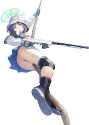 Rule 34 | 1girl, aqua eyes, arm guards, arm pads, ass, assault rifle, between legs, between thighs, black gloves, black hair, blue archive, blue skirt, blush, boots, cameltoe, climbing, clinging, closed mouth, expressionless, finger on trigger, from behind, from below, gloves, grabbing, green eyes, gun, halo, hand up, hat, helmet, holding, holding gun, holding weapon, knee guards, knee pads, legs, long sleeves, looking at viewer, looking down, magazine (weapon), nose, paid reward available, panties, pleated skirt, rifle, rope, saki (blue archive), school uniform, scope, shoes, short hair, simple background, skirt, solo, suppressor, trigger discipline, underwear, weapon, white background, zi se