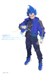 Rule 34 | 1boy, absurdres, black shirt, blue eyes, blue hair, blue jacket, blue pants, clenched hand, closed mouth, dragon ball, dragon ball super, gloves, highres, jacket, ksuke (k-taro31), large pectorals, looking at viewer, male focus, muscular, muscular male, open clothes, open jacket, pants, pectorals, shirt, short hair, simple background, solo, spiked hair, super saiyan, super saiyan blue evolved, vegeta, white background, white gloves