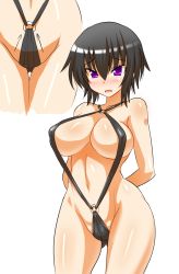 Rule 34 | 1girl, arms behind back, arrow (symbol), bikini, black bikini, black hair, blush, breasts, character request, close-up, copyright request, female focus, konno tohiro, large breasts, looking at viewer, micro bikini, o-ring, o-ring bikini, open mouth, purple eyes, shiny skin, short hair, simple background, slingshot swimsuit, solo, swimsuit, upper body