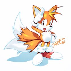 Rule 34 | 1boy, bad id, bad twitter id, fox boy, full body, furry, furry male, gloves, hand on own hip, highres, male focus, multiple tails, open mouth, robaato, simple background, solo, sonic (series), tail, tails (sonic), two tails, white background