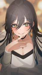 Rule 34 | 1girl, arm under breasts, black choker, black hair, blurry, blurry background, blush, breasts, choker, cleavage, collarbone, earrings, grey jacket, hair between eyes, hand to own mouth, highres, idolmaster, idolmaster shiny colors, jacket, jewelry, large breasts, looking at viewer, paddy field, ring, shirase sakuya, smile, solo, yellow eyes