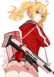 Rule 34 | 1girl, ahoge, blonde hair, blue archive, breasts, brown eyes, crossed arms, deca purio, gun, jacket, long hair, long sleeves, looking at viewer, looking back, red jacket, skirt, small breasts, solo, twintails, weapon, yoshimi (blue archive)