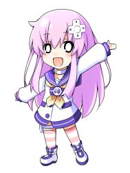 Rule 34 | 1girl, arm up, chibi, collar, commentary request, d-pad, d-pad hair ornament, doria (p f dolia), dress, hair between eyes, hair ornament, long hair, long sleeves, looking at viewer, neckerchief, nepgear, neptune (series), open mouth, purple hair, sailor collar, sailor dress, shoes, sidelocks, simple background, smile, solo, striped clothes, striped thighhighs, thigh strap, thighhighs, white background, white dress, white footwear, yellow neckerchief, zettai ryouiki