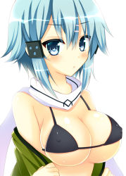 Rule 34 | 10s, 1girl, alternate breast size, aqua eyes, aqua hair, bare shoulders, bitter crown, black bra, blush, bra, breasts, cleavage, covered erect nipples, large breasts, looking at viewer, open mouth, scarf, short hair, simple background, sinon, solo, sword art online, underwear, white background