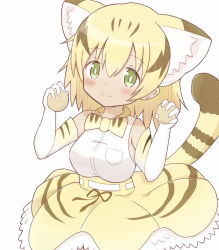 Rule 34 | 1girl, absurdres, animal ear fluff, animal ears, bare shoulders, blonde hair, blush, bow, bowtie, breasts, brown hair, cat ears, cat girl, cat tail, closed mouth, commentary request, elbow gloves, gloves, green eyes, hair between eyes, highres, kemono friends, long hair, medium breasts, multicolored hair, pleated skirt, sand cat (kemono friends), shirt, simple background, skirt, sleeveless, sleeveless shirt, smile, solo, sunanuko (ramuneko), tail, two-tone hair, white background, white gloves, white shirt, yellow bow, yellow bowtie, yellow skirt