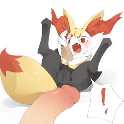 Rule 34 | !, 1boy, 1girl, angry, blush, bound, bound arms, braixen, cleft of venus, creatures (company), fang, furry, game freak, gen 6 pokemon, highres, imminent rape, legs up, lying, nintendo, on back, open mouth, penis, pokemon, pokemon (creature), pussy, red eyes, uncensored, youjo modoki