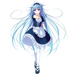 Rule 34 | 1girl, absurdres, apron, asami asami, azurite, blue eyes, blue hair, dress, frilled dress, frills, full body, highres, long hair, maid, maid apron, maid headdress, pantyhose, re:birth colony, shoes, short sleeves, simple background, smile, solo, transparent background