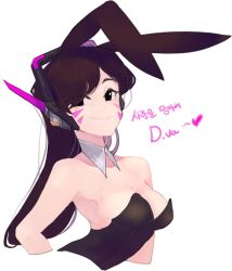 Rule 34 | 1girl, animal ears, bare shoulders, breasts, brown eyes, brown hair, character name, cleavage, cropped arms, cropped torso, d.va (overwatch), detached collar, eyebrows, facepaint, facial mark, fake animal ears, headphones, heart, leotard, long hair, looking at viewer, medium breasts, mwo imma hwag, overwatch, overwatch 1, parted bangs, playboy bunny, rabbit ears, simple background, smile, solo, strapless, strapless leotard, upper body, whisker markings, white background