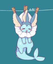 Rule 34 | = =, blue background, blue theme, blush, clothes pin, clothesline, creatures (company), drooling, closed eyes, full body, game freak, gen 1 pokemon, hanging, looking at viewer, lovewolf5122, nintendo, no humans, pokemon, pokemon (creature), simple background, sleeping, solo, vaporeon