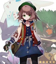 Rule 34 | 1girl, bad id, bad pixiv id, black pantyhose, blue dress, brown hair, closed mouth, creatures (company), cyawa, dress, game freak, gen 4 pokemon, gen 8 pokemon, gloria (pokemon), green eyes, highres, holding, holding poke ball, jacket, long sleeves, looking at viewer, luxury ball, nintendo, open clothes, open jacket, pantyhose, poke ball, pokemon, pokemon (creature), pokemon swsh, raglan sleeves, red jacket, rillaboom, sash, short hair, smile, star (symbol), togekiss, toxtricity, toxtricity (low key)