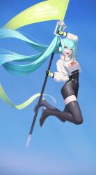 Rule 34 | 1girl, :d, absurdly long hair, afe., banner, black footwear, black gloves, black jumpsuit, blue background, blue hair, boots, cropped sweater, floating hair, full body, gloves, green eyes, green gloves, hair between eyes, hatsune miku, headphones, highres, holding, jumping, jumpsuit, leg up, long hair, long sleeves, open mouth, racing miku, racing miku (2022), smile, solo, sweater, thigh boots, thighhighs, twintails, two-tone gloves, very long hair, vocaloid, white sweater, zettai ryouiki