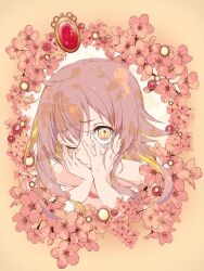 Rule 34 | 1girl, ahoge, anime coloring, bare shoulders, brooch, commentary request, crying, crying with eyes open, flower, grey hair, hands on own cheeks, hands on own face, highres, jewelry, long hair, looking at viewer, nomura kitan, one eye closed, original, pink flower, plum blossoms, solo, tears, upper body, yellow eyes