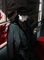 Rule 34 | 1boy, black hair, black suit, blood, blood splatter, closed mouth, coat, formal, glasses, green coat, holding, holding knife, holding weapon, indoors, knife, leaning, leaning back, light particles, male focus, necktie, on (onon2659), open clothes, open coat, original, picture frame, red eyes, red necktie, round eyewear, smile, solo, suit, weapon