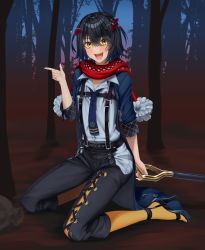 Rule 34 | 1boy, absurdres, arm behind back, black pants, blue jacket, blue necktie, blue shirt, blush, commentary request, crossed bangs, eyelashes, fangs, forest, hair ornament, hand up, heart, high heels, highres, jacket, karasu (jjwh2832), looking at viewer, male focus, mashiro meme, mashiro meme (1st costume), medium hair, nature, necktie, nijisanji, outdoors, pants, pantyhose under trousers, pointing, red scarf, sandals, scarf, shadow, shirt, shovel, sidelocks, sleeves rolled up, smile, solo, suspenders, trap, virtual youtuber, yellow eyes