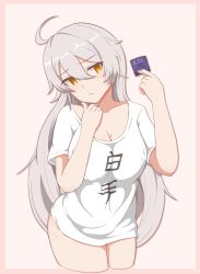Rule 34 | 1girl, ahoge, blush, breasts, closed mouth, collarbone, commentary request, condom, cowboy shot, embarrassed, grey hair, hair between eyes, highres, holding, holding condom, honkai (series), honkai impact 3rd, kiana kaslana, kiana kaslana (herrscher of the void), large breasts, long hair, looking at viewer, milliani, orange eyes, shirt, solo, standing, translation request, very long hair, white shirt