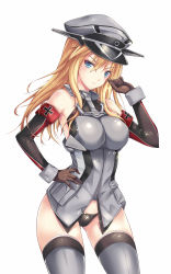 Rule 34 | 10s, 1girl, bismarck (kancolle), black panties, blonde hair, blue eyes, blush, breasts, brown gloves, cross, detached sleeves, gairou (takakuan), gloves, grey thighhighs, hand on own hip, hat, highres, iron cross, kantai collection, large breasts, long hair, looking at viewer, military, military hat, military uniform, panties, peaked cap, personification, simple background, solo, thighhighs, underwear, uniform, white background