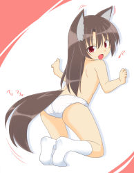 Rule 34 | 1girl, aged down, animal ears, ass, back, blush, brown hair, imaizumi kagerou, jewelry, kazawa (tonzura-d), long hair, open mouth, panties, panties only, red eyes, simple background, smile, socks, solo, tail, topless, touhou, underwear, underwear only, white socks, wolf ears, wolf tail