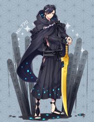 Rule 34 | 1boy, alternate color, arm warmers, black cape, black hakama, black legwear, black robe, blue nails, cape, creatures (company), earrings, game freak, gen 7 pokemon, grey background, hair over one eye, hakama, hakama skirt, highres, hood, hood down, japanese clothes, jewelry, kasuka108, looking at viewer, male focus, nail polish, nintendo, palossand, personification, planted, pokedex number, pokemon, ring, robe, sandals, shiny pokemon, simple background, skirt, smile, solo, sword, toes, weapon