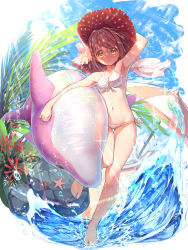 Rule 34 | 1girl, :o, arm up, armpits, beach, bikini, bird, blush, breasts, brown hair, chair, cleavage, cloud, collarbone, day, front-tie bikini top, front-tie top, full body, hand on headwear, hat, highres, holding, inflatable dolphin, inflatable toy, lounge chair, medium breasts, navel, original, outdoors, plant, rock, shenhai (2556146833), short hair, side-tie bikini bottom, skindentation, sky, solo, sparkle, standing, standing on one leg, starfish, sun hat, swimsuit, umbrella, water, water drop, white bikini, yellow eyes