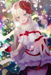 Rule 34 | 1girl, alcohol, aqua eyes, bare shoulders, black hat, blurry, blurry background, breasts, christmas tree, cleavage, collarbone, cowboy shot, cup, dress, drinking glass, earrings, fang, grey hair, hat, highres, holding, ice noyuri, iriam, jewelry, large breasts, long hair, looking at viewer, mini hat, mirei works, mole, mole under eye, red ribbon, ribbon, smile, solo, star (symbol), very long hair, virtual youtuber, white dress, wine, wine glass