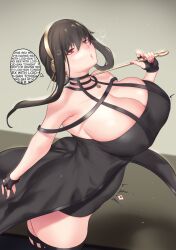 Rule 34 | 1girl, aster crowley, black dress, black hair, breasts, choker, cleavage, curvy, dagger, dress, english text, feet out of frame, hairband, heart, highres, holding, holding knife, huge breasts, knife, looking at viewer, mature female, red eyes, smile, solo, speech bubble, spy x family, standing, thick thighs, thighs, varia suit, weapon, yor briar