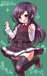 Rule 34 | 1girl, :d, alternate eye color, asashio (kancolle), bad id, bad nicoseiga id, belt, black hair, black thighhighs, blouse, blush, buttons, cosplay, dated, dress, green background, kantai collection, kasumi (kancolle), kasumi (kancolle) (cosplay), kasumi kai ni (kancolle), leg up, loafers, long hair, long sleeves, motion lines, neck ribbon, open mouth, pinafore dress, pleated dress, pleated skirt, purple eyes, red ribbon, ribbon, richou (zerozero1101), school uniform, shirt, shoes, simple background, skirt, sleeveless, sleeveless dress, smile, solo, sparkle, suspenders, thighhighs, twitter username, uniform, white shirt, zettai ryouiki