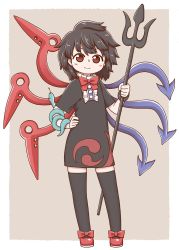 Rule 34 | 1girl, asymmetrical wings, black dress, black hair, black thighhighs, blue wings, blush, border, bow, bowtie, brown background, center frills, commentary request, dress, frills, full body, hand on own hip, holding, holding weapon, houjuu nue, looking at viewer, outside border, polearm, poronegi, red bow, red bowtie, red eyes, red footwear, red wings, shoes, short dress, short hair, short sleeves, simple background, smile, snake, solo, standing, thighhighs, touhou, trident, v-shaped eyebrows, weapon, white border, wings, wristband, zettai ryouiki