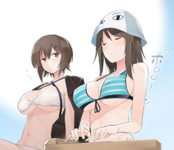 Rule 34 | ..., 10s, 2girls, bandeau, bare shoulders, bikini, blue background, blue bikini, breasts, brown eyes, brown hair, cleavage, closed eyes, criss-cross halter, egyptian mythology, fate (series), front-tie top, girls und panzer, gradient background, halterneck, has bad revision, has cropped revision, hat, highres, instrument, jacket, jacket on shoulders, kantele, kuromorimine military uniform, large breasts, long hair, md5 mismatch, medjed (fate), mika (girls und panzer), multiple girls, muteki soda, nishizumi maho, resolution mismatch, short hair, smile, source smaller, striped bikini, striped clothes, sweatdrop, swimsuit, white background, white bikini