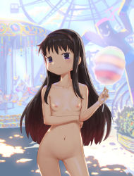 Rule 34 | 1girl, akemi homura, arm across chest, black hair, breasts, carnival, carousel, cotton candy, cowboy shot, facing viewer, female focus, ferris wheel, hairband, lisong shen, long hair, looking at viewer, mahou shoujo madoka magica, navel, nipples, no pussy, nude, outdoors, purple eyes, small breasts, solo