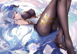 Rule 34 | 1girl, :o, absurdres, ahoge, arm up, armpits, bare shoulders, bell, black pantyhose, blue hair, breasts, covered erect nipples, cowbell, daefny, detached sleeves, feet, ganyu (genshin impact), genshin impact, gloves, goat horns, half-closed eyes, highres, horns, legs, long hair, looking at viewer, lying, medium breasts, on back, open mouth, pantyhose, solo, toes