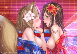 Rule 34 | 10s, 2girls, absurdres, animal ears, bare shoulders, blush, breasts, breasts out, brown hair, bug, butterfly, butterfly tattoo, butterfly wings, closed eyes, clothes down, face grab, fairy wings, female focus, flower, fox ears, fox tail, grabbing another&#039;s chin, green eyes, hair flower, hair ornament, highres, idolmaster, idolmaster cinderella girls, imminent kiss, insect, insect wings, japanese clothes, jpeg artifacts, kimono, large breasts, light brown hair, long hair, looking at another, moegirlstudio, multiple girls, nipples, off shoulder, open mouth, shibuya rin, short hair, tail, takagaki kaede, tattoo, undressing, upper body, wings, yuri