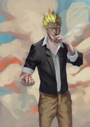 Rule 34 | 1boy, between fingers, black jacket, blonde hair, bomb, brown pants, cigarette, collarbone, collared shirt, cowboy shot, dress shirt, explosive, grenade, hand to own mouth, highres, holding, holding bomb, jacket, junkrat (overwatch), male focus, open clothes, open jacket, overwatch, overwatch 1, pants, shirt, short hair, short sleeves, sleeves rolled up, smile, smoke, solo, white shirt, wing collar, yellow eyes
