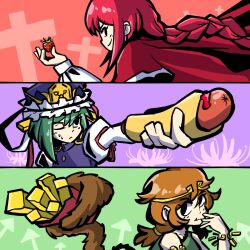 Rule 34 | 3girls, arrow (symbol), braid, brown hair, capelet, circlet, cross, dress, flower, food, french fries, fruit, green dress, green hair, hair ornament, hat, highres, holding, holding food, hot dog, juliet sleeves, long hair, long sleeves, low twintails, monkey tail, multiple girls, okazaki yumemi, one eye closed, oysterfried, phantasmagoria of dim.dream, phantasmagoria of flower view, prehensile tail, puffy long sleeves, puffy sleeves, red hair, ribbon, shiki eiki, shirt, short hair, single-shoulder dress, skirt, sleeveless, sleeveless shirt, smile, son biten, strawberry, tail, touhou, touhou (pc-98), twintails, unfinished dream of all living ghost, vest
