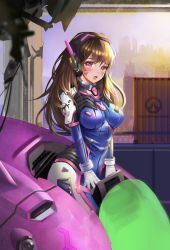 Rule 34 | 1girl, absurdres, animal print, armor, bodysuit, breasts, brown eyes, brown hair, copyright name, d.va (overwatch), facial mark, gloves, headphones, heart, heart-shaped pupils, high collar, highres, long hair, looking at viewer, mcaster, mecha, medium breasts, meka (overwatch), open mouth, overwatch, overwatch 1, pilot suit, pink eyes, pink lips, rabbit, rabbit print, robot, skin tight, solo, symbol-shaped pupils, tearing up, tears, whisker markings, white gloves