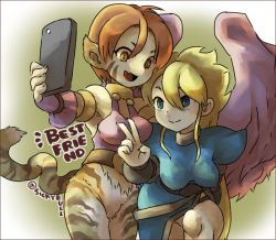 Rule 34 | 2girls, anachronism, angel wings, blonde hair, blue dress, breasts, breath of fire, breath of fire ii, bridal gauntlets, brown eyes, capcom, cat girl, cellphone, dress, green eyes, hair between eyes, long hair, multiple girls, nina (breath of fire ii), phone, puffy sleeves, purple wings, red hair, rinpoo chuan, selfie, sicky (pit-bull), smartphone, tail, tiger tail, v, wings