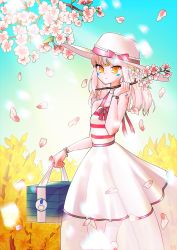 Rule 34 | 1girl, bare shoulders, box, branch, cherry blossoms, chilling hedgehog (elsword), collarbone, day, elsword, eve (elsword), facial mark, floral background, forehead jewel, highres, jinhong3w3, mechanical ears, outdoors, petals, pink hair, short hair, solo, spring (season), yellow eyes