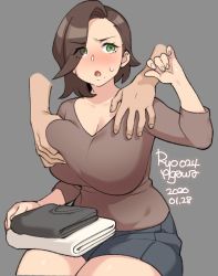 Rule 34 | 1girl, :o, agawa ryou, annoyed, bare shoulders, blush, grabbing another&#039;s breast, breasts, brown hair, brown shirt, cleavage, commentary, dated, folded clothes, grabbing, green eyes, grey background, large breasts, grabber tool, open mouth, original, shirt, short hair, signature, simple background, sitting, skirt, sweatdrop, thighs