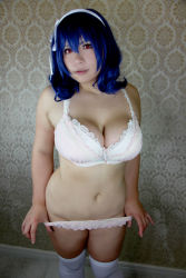 Rule 34 | blue hair, bra, breasts, chouzuki maryou, cosplay, hairband, large breasts, lingerie, panties, panty pull, photo (medium), plump, red eyes, seikon no qwaser, thick thighs, thighhighs, thighs, underwear, yamanobe tomo